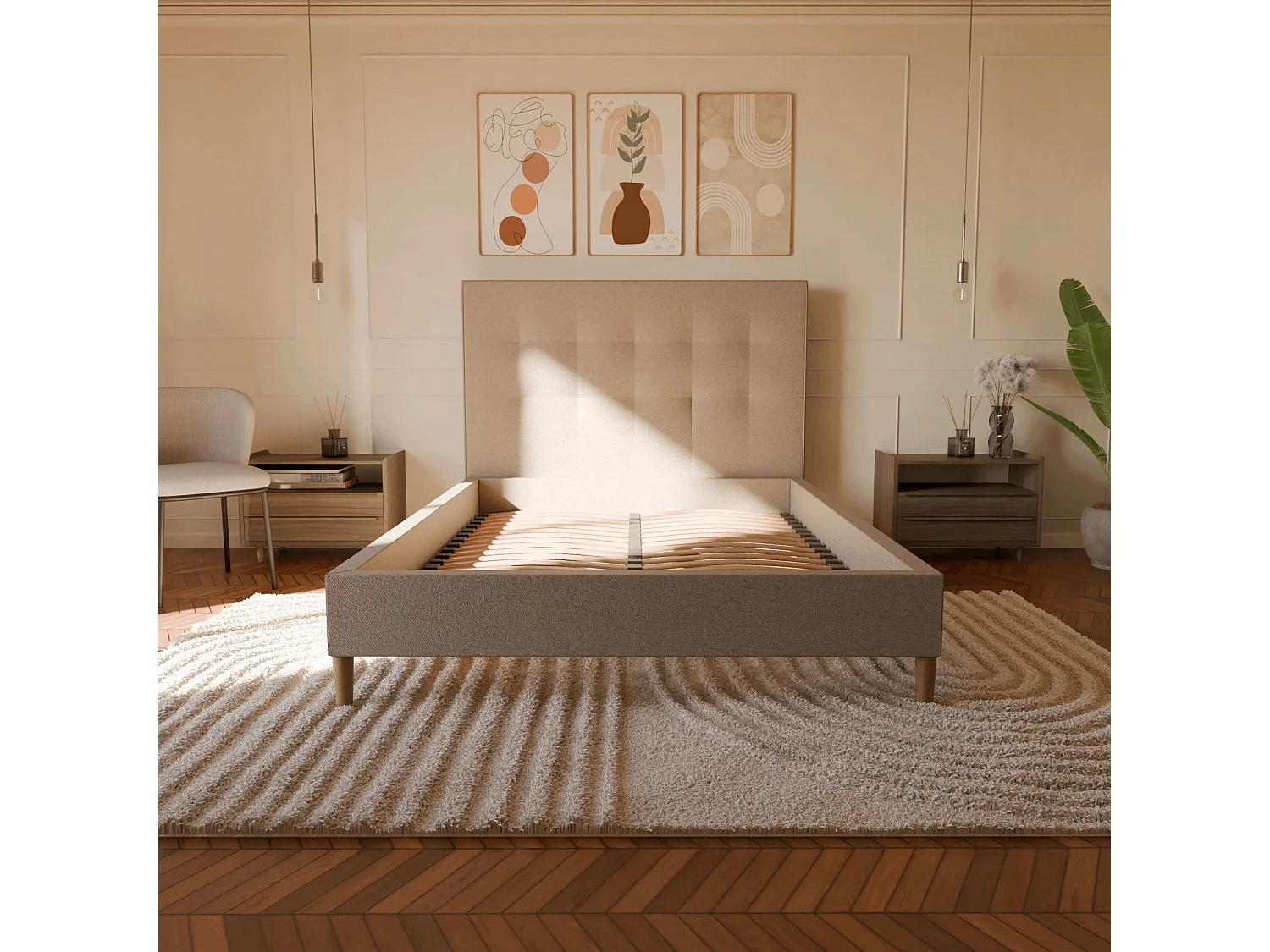 Sommier à lattes et tissu chiné beige 140x190 cm