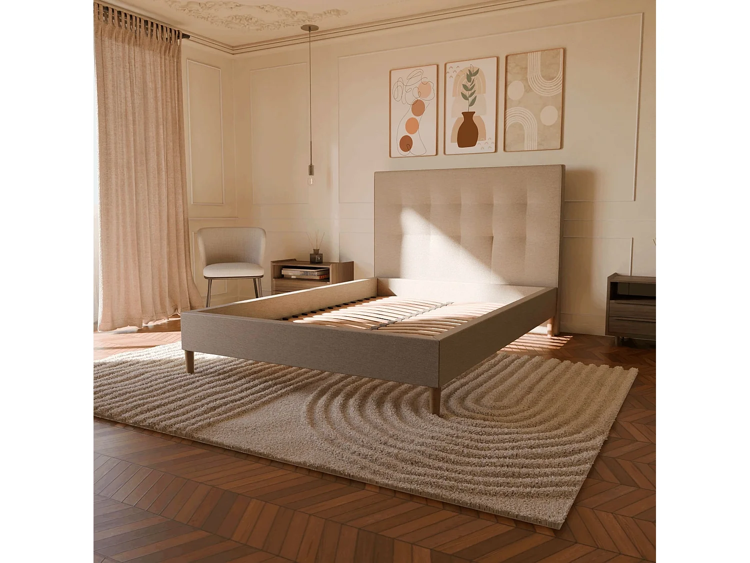 Sommier à lattes et tissu chiné beige 80x200 cm