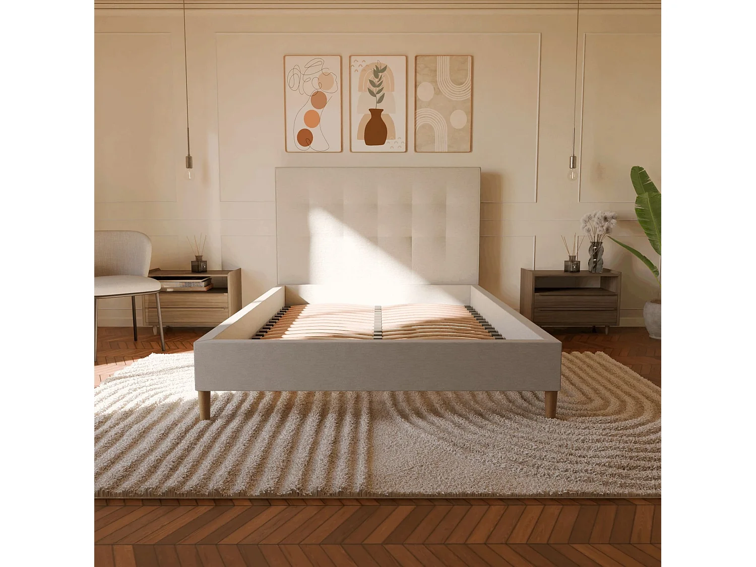 Sommier à lattes et tissu chiné blanc 180x200 cm