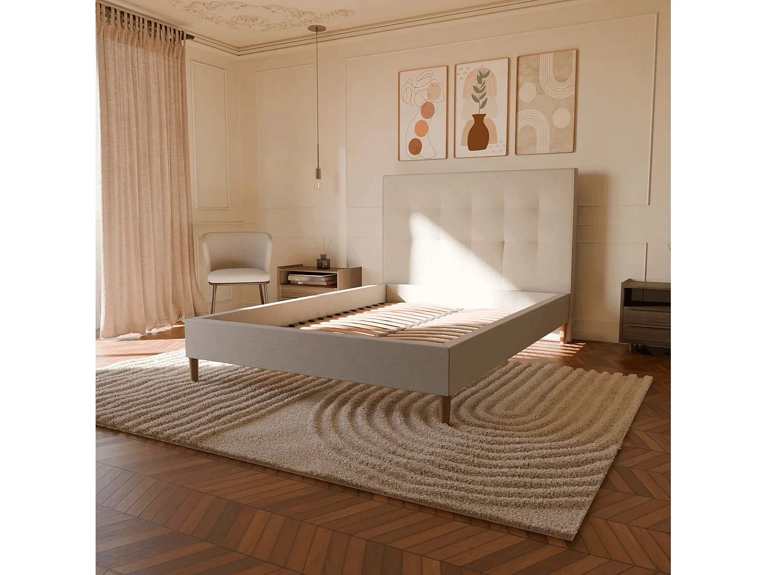 Sommier à lattes et tissu chiné blanc 80x200 cm