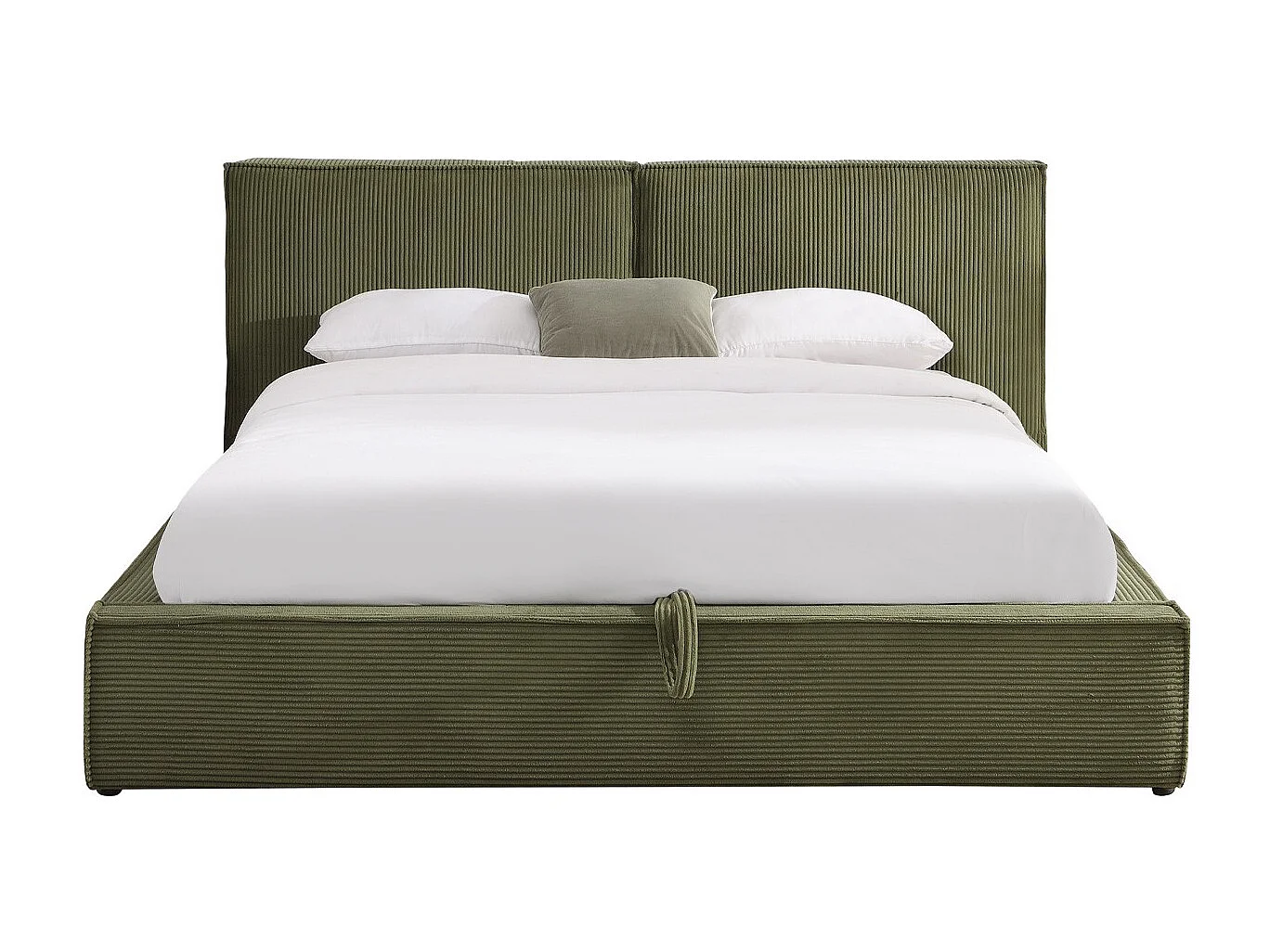 Lit coffre adulte 160x200 cm avec sommier et tête de lit matelassée en velours côtelé vert kaki - Arno