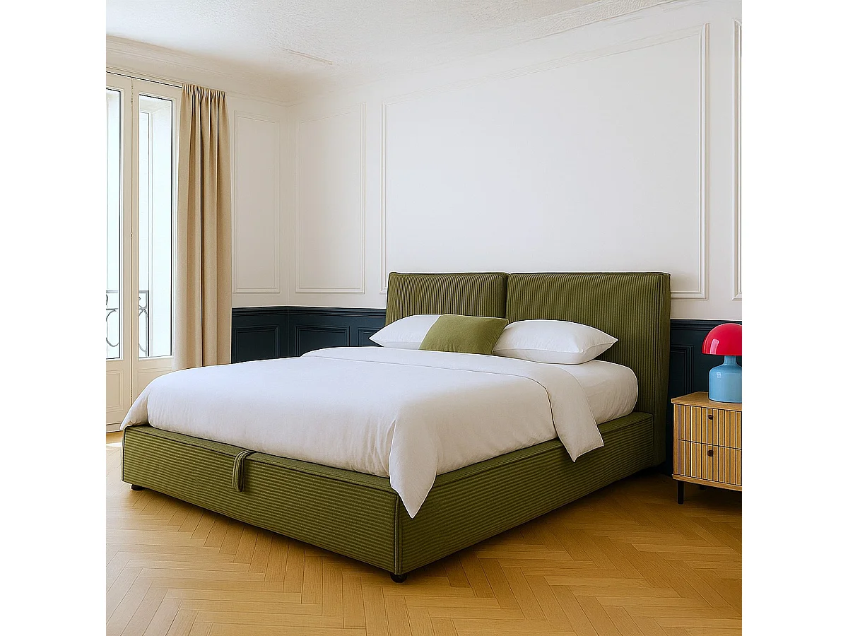 Lit coffre adulte 160x200 cm avec sommier et tête de lit matelassée en velours côtelé vert kaki - Arno