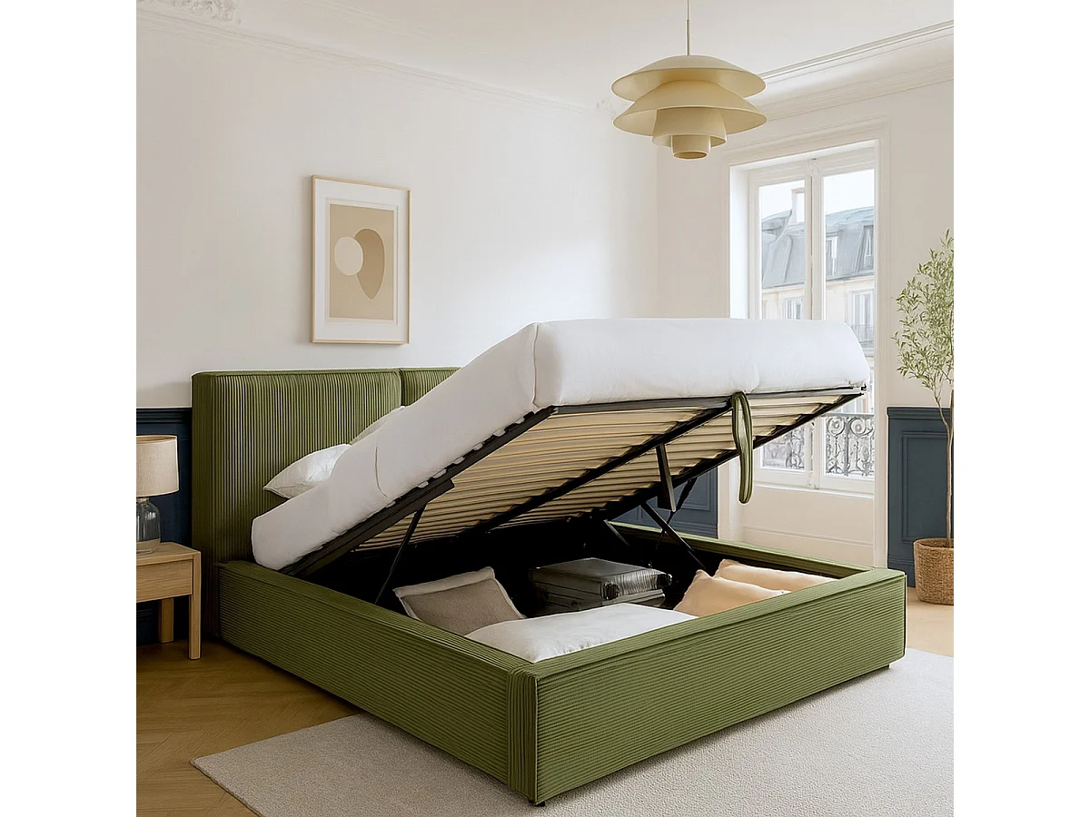 Lit coffre adulte 180x200 cm avec sommier et tête de lit matelassée en velours côtelé vert kaki - Arno