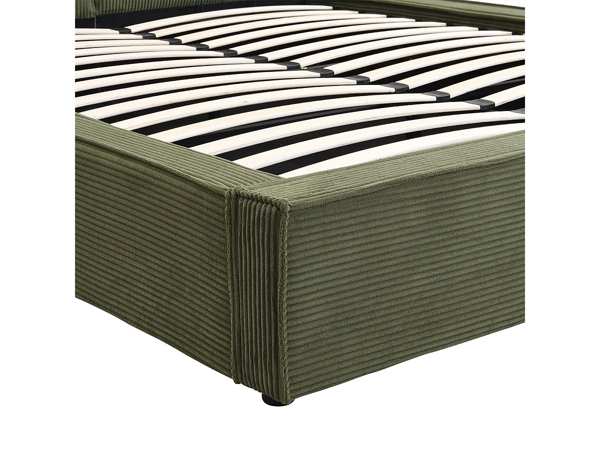 Lit coffre adulte 180x200 cm avec sommier et tête de lit matelassée en velours côtelé vert kaki - Arno