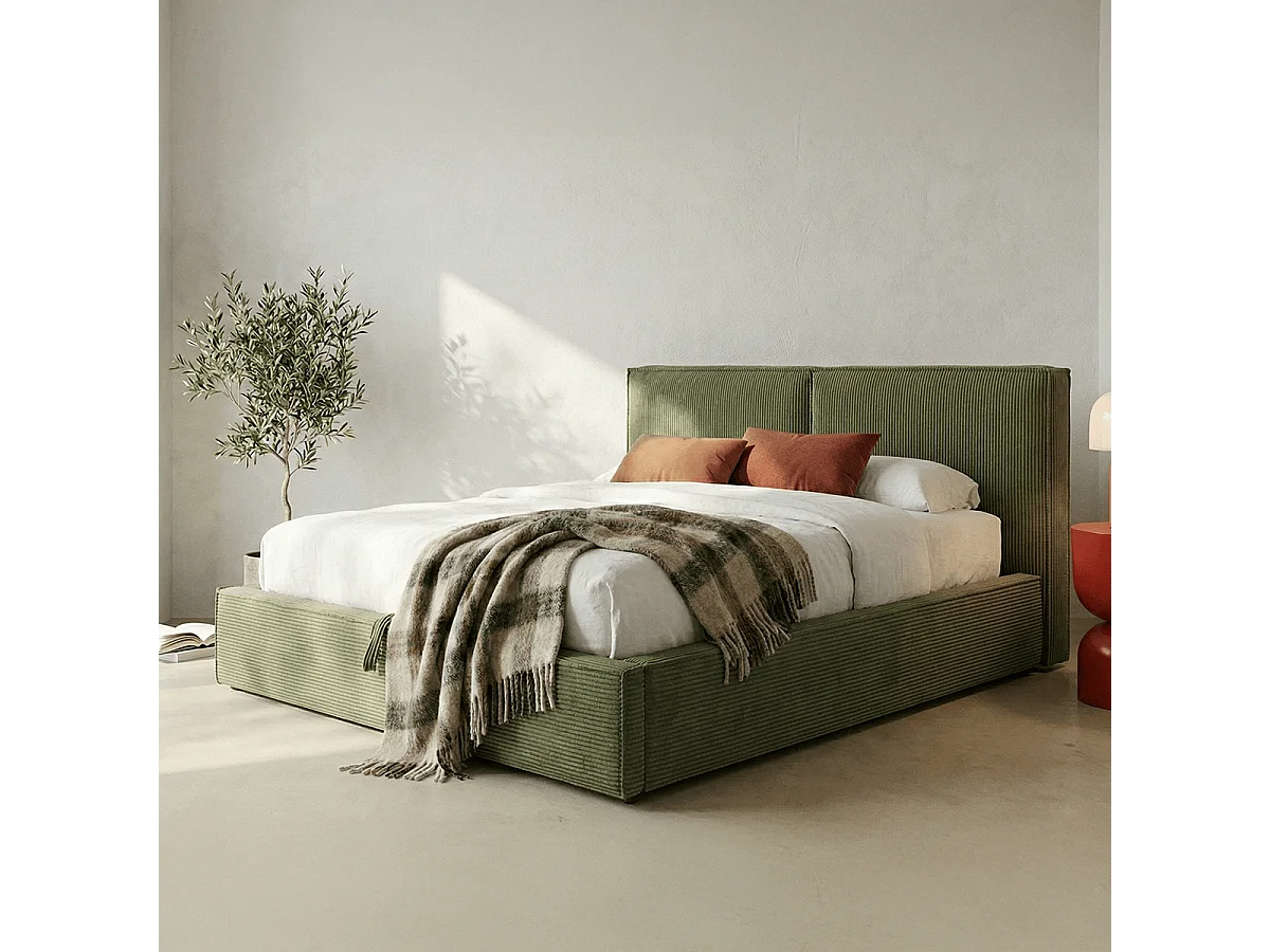 Lit coffre adulte 180x200 cm avec sommier et tête de lit matelassée en velours côtelé vert kaki - Arno