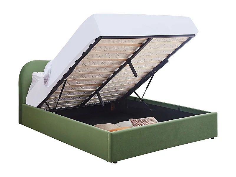 Lit coffre adulte 140x190 cm avec tête de lit matelassée en velours vert clair - Suzon