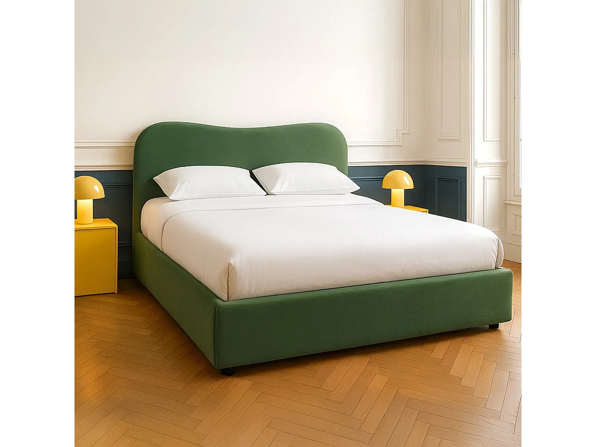 Lit coffre adulte 140x190 cm avec tête de lit matelassée en velours vert clair - Suzon