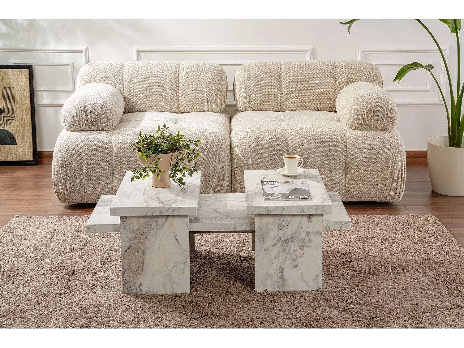Ensemble table basse et 2 bouts de canapés gigognes Bernin Bois Effet marbre