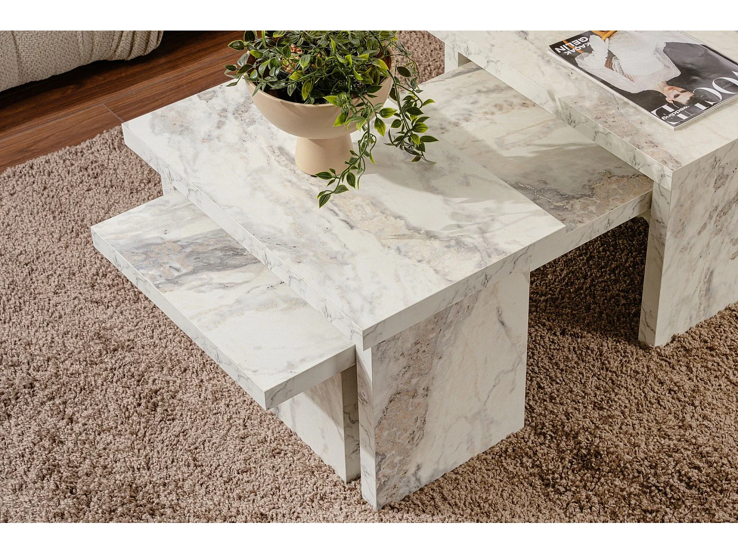 Ensemble table basse et 2 bouts de canapés gigognes Bernin Bois Effet marbre