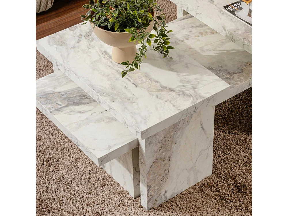 Ensemble table basse et 2 bouts de canapés gigognes Bernin Bois Effet marbre