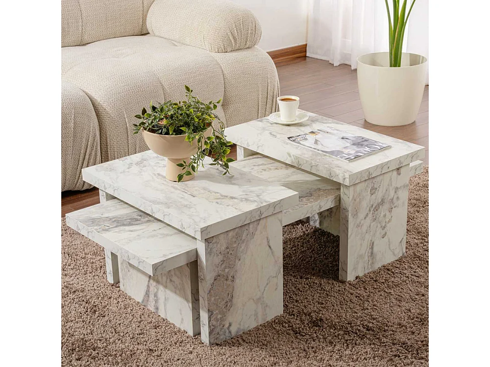 Ensemble table basse et 2 bouts de canapés gigognes Bernin Bois Effet marbre