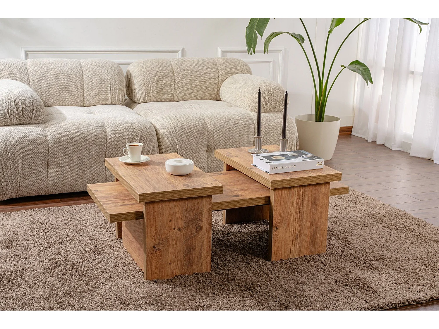 Ensemble table basse et 2 bouts de canapés gigognes Bernin Bois clair