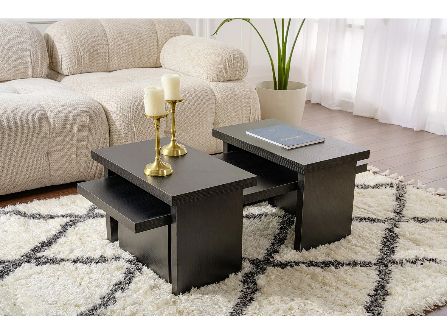 Ensemble table basse et 2 bouts de canapés gigognes Bernin Bois Noir