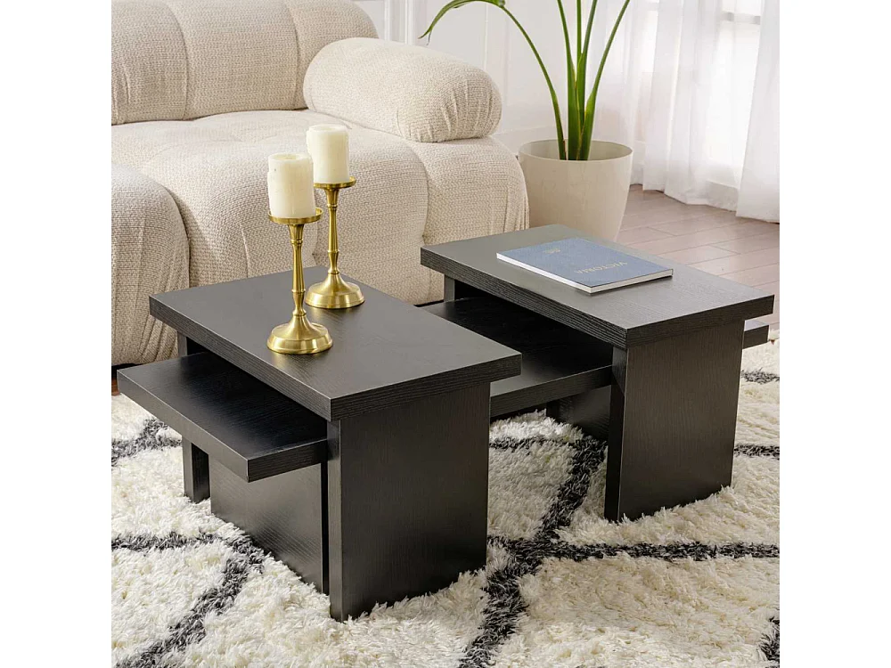 Ensemble table basse et 2 bouts de canapés gigognes Bernin Bois Noir