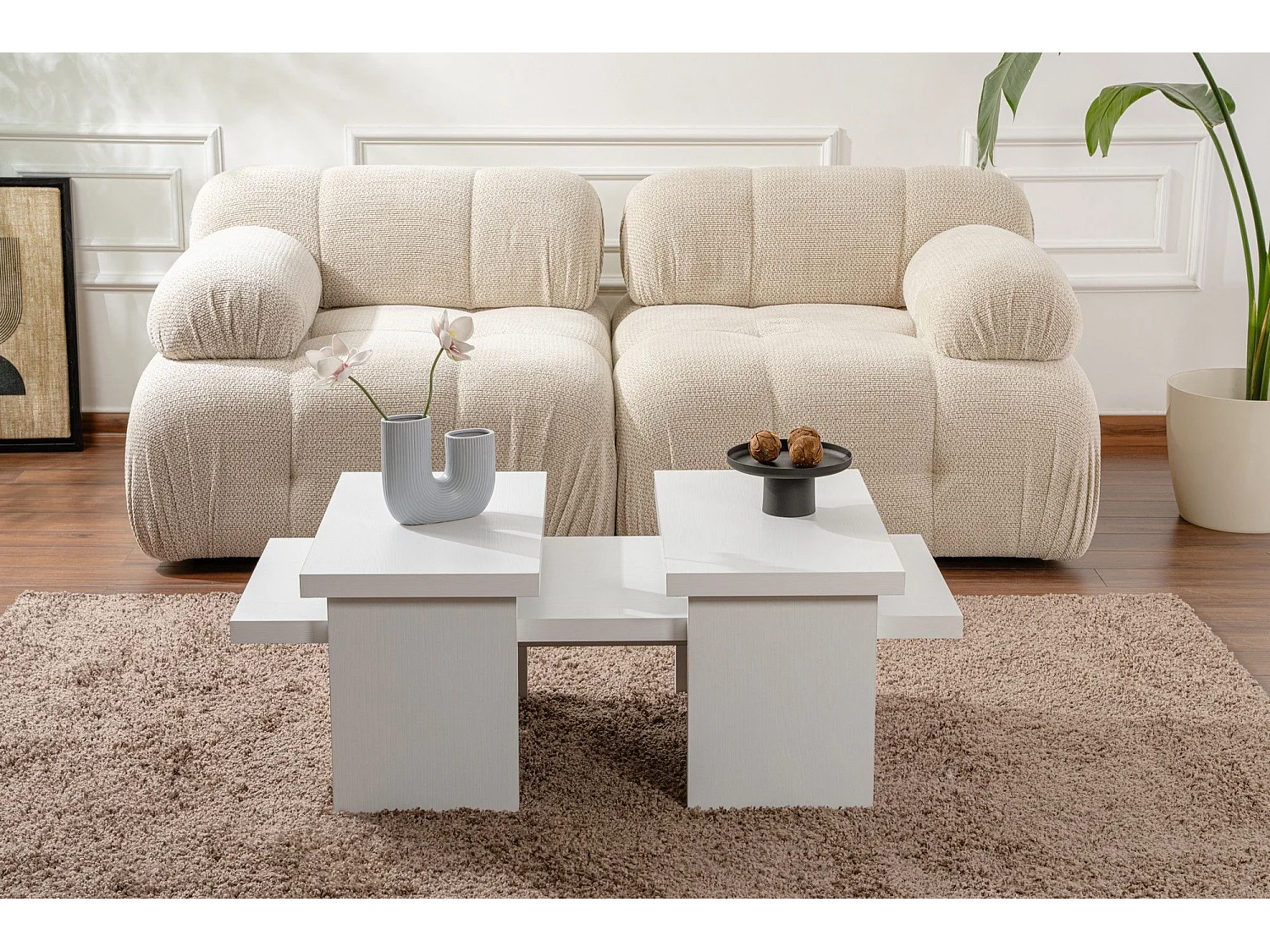 Ensemble table basse et 2 bouts de canapés gigognes Bernin Bois Blanc