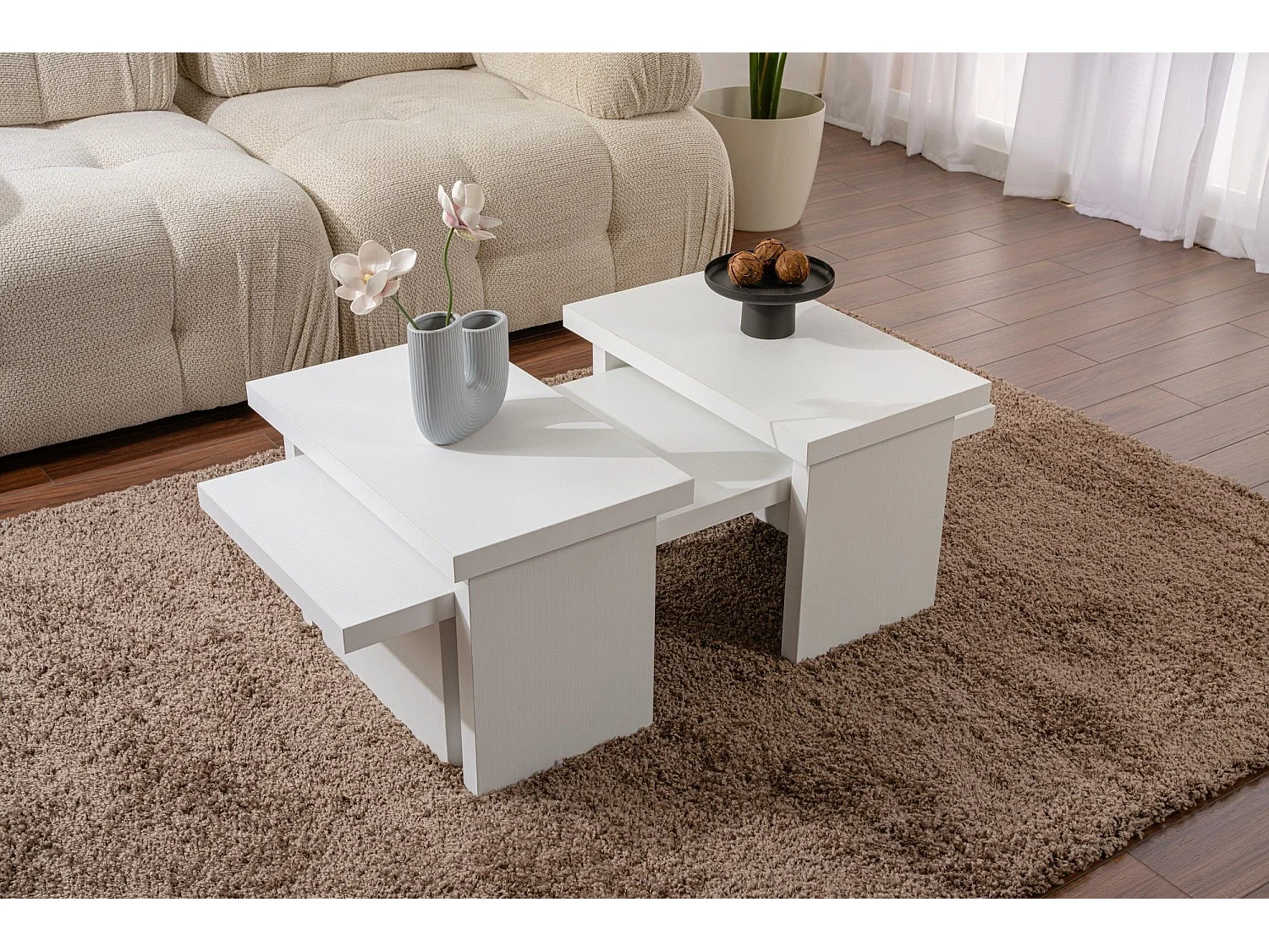 Ensemble table basse et 2 bouts de canapés gigognes Bernin Bois Blanc