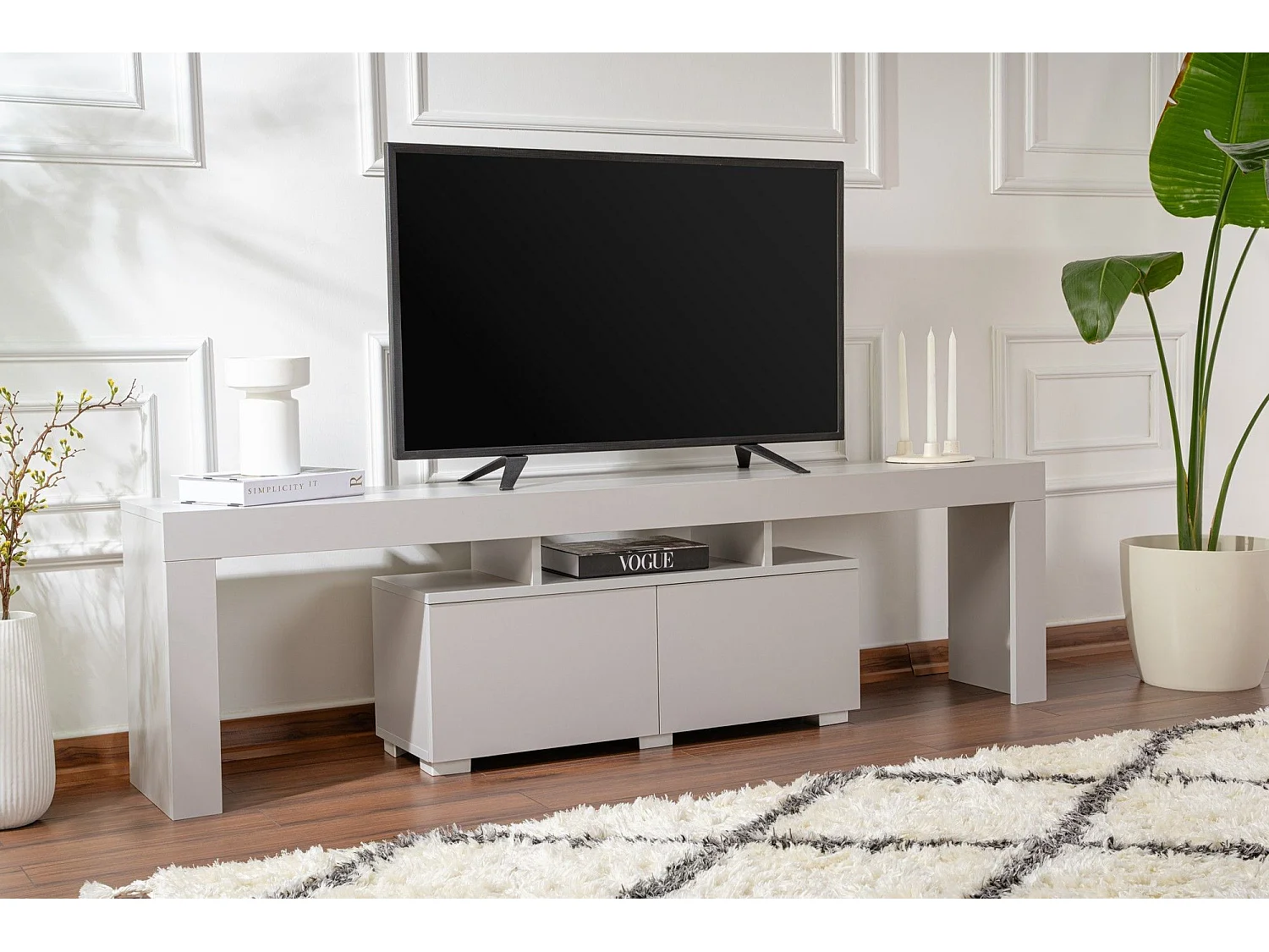 Eleganter grauer TV-Ständer, 180 cm breit, 50 cm hoch, 31,3 cm tief | 100 % melaminbeschichtete Spanplatte, 18 mm stark | Perfekt für moderne Wohnzimmer