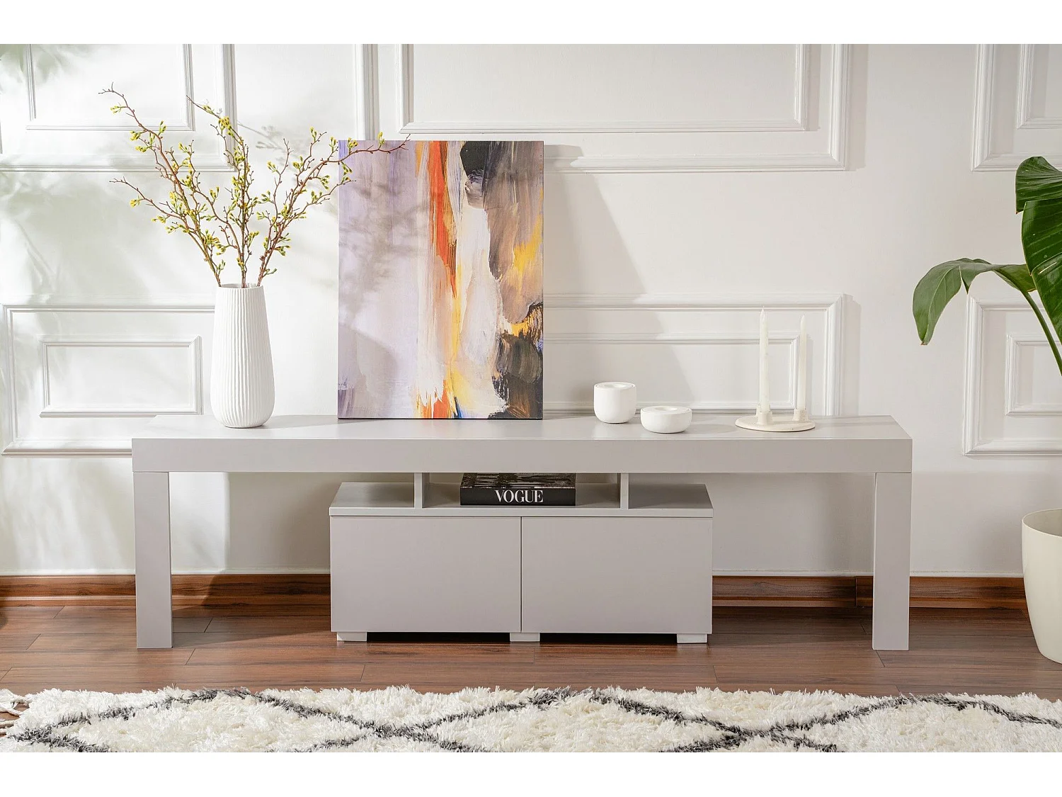 Eleganter grauer TV-Ständer, 180 cm breit, 50 cm hoch, 31,3 cm tief | 100 % melaminbeschichtete Spanplatte, 18 mm stark | Perfekt für moderne Wohnzimmer