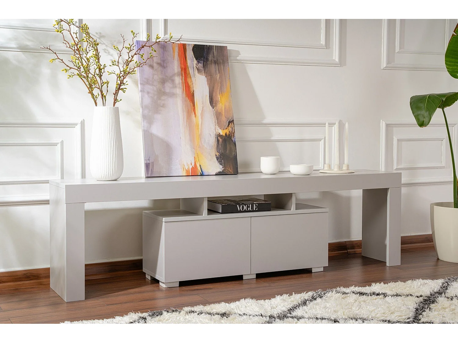 Eleganter grauer TV-Ständer, 180 cm breit, 50 cm hoch, 31,3 cm tief | 100 % melaminbeschichtete Spanplatte, 18 mm stark | Perfekt für moderne Wohnzimmer
