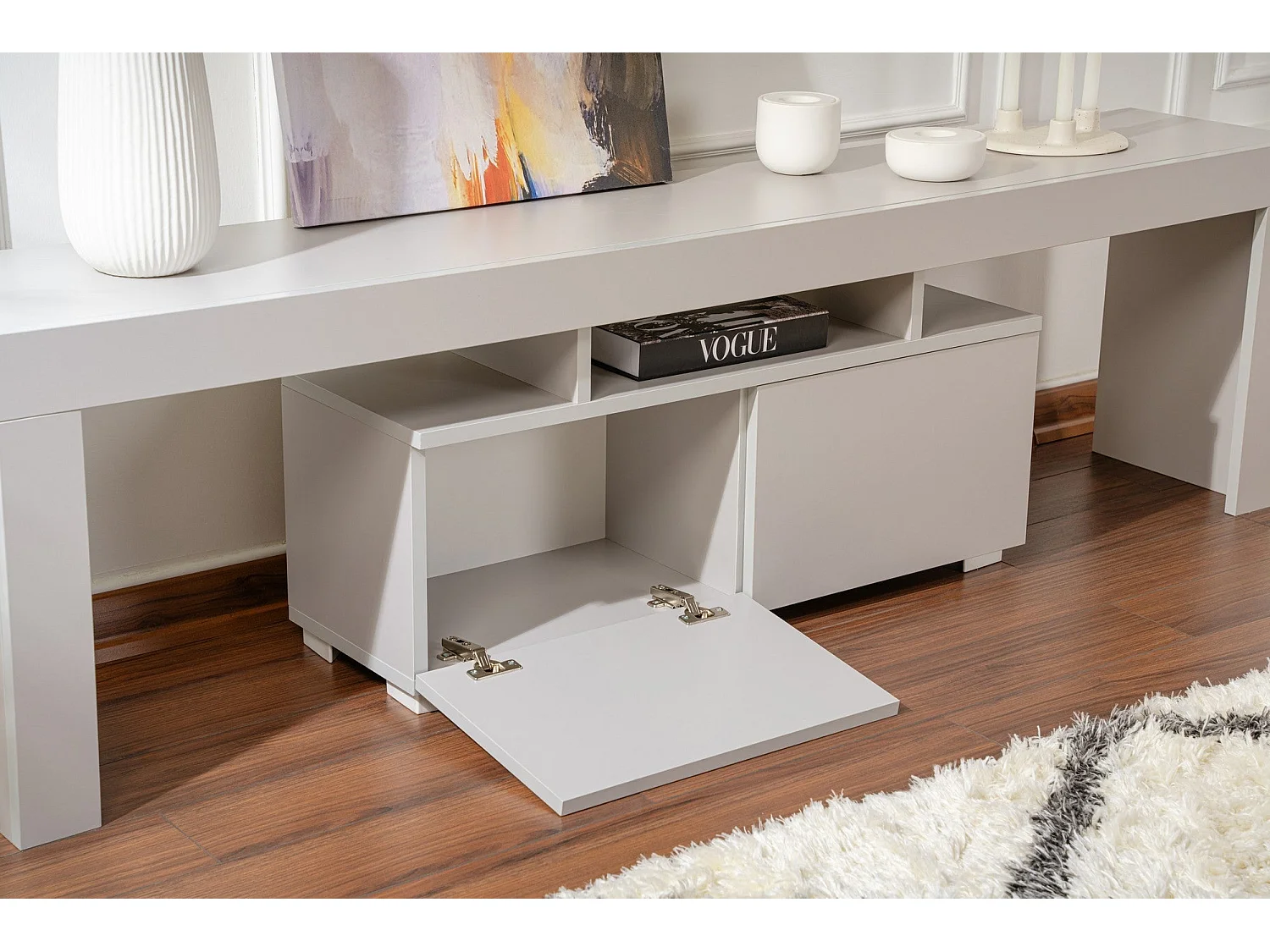Eleganter grauer TV-Ständer, 180 cm breit, 50 cm hoch, 31,3 cm tief | 100 % melaminbeschichtete Spanplatte, 18 mm stark | Perfekt für moderne Wohnzimmer