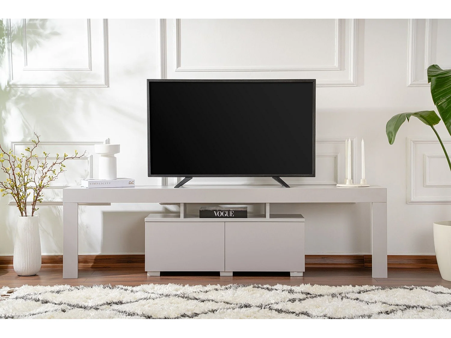 Meuble tv moderne 2 portes L180cm Diapazon Gris perle