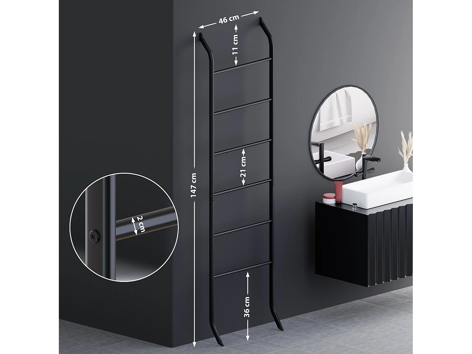 Porte-serviettes - Métal - 46 x 15 x 147cm - Noir - Elkin