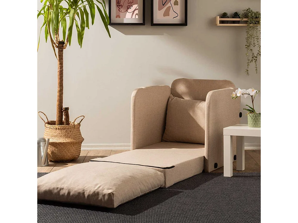 Sillón-cama moderno – 68 x 70 x 66 cm – Beige – Metal y tela de lino