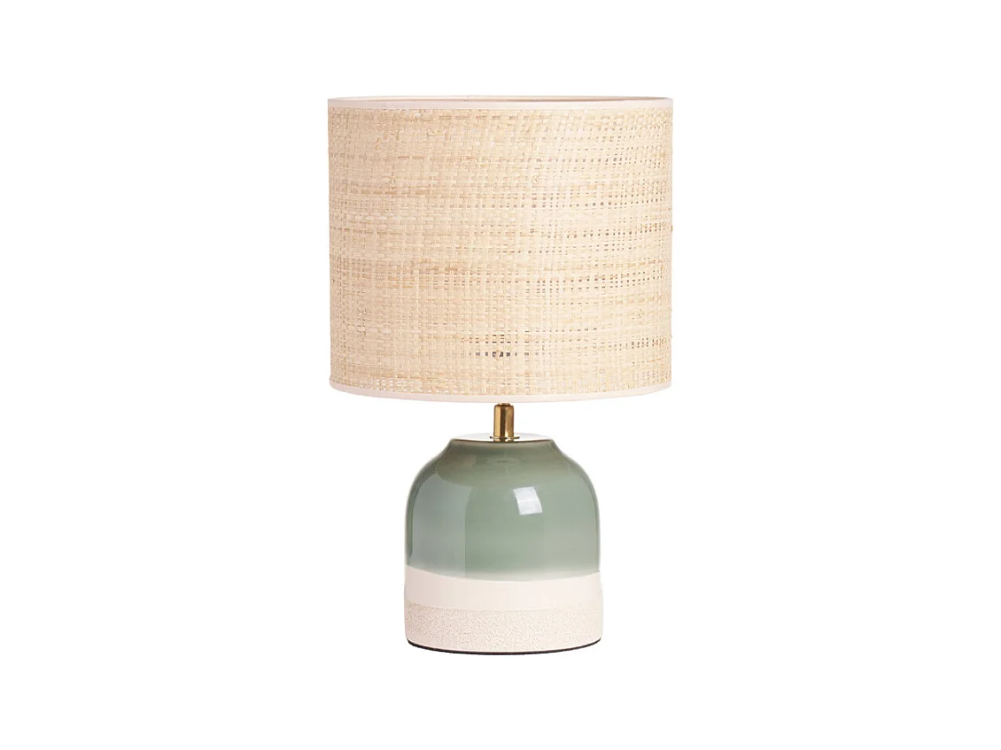 Lampe à poser verte en céramique et abat-jour en rabane H35 cm PIEGA