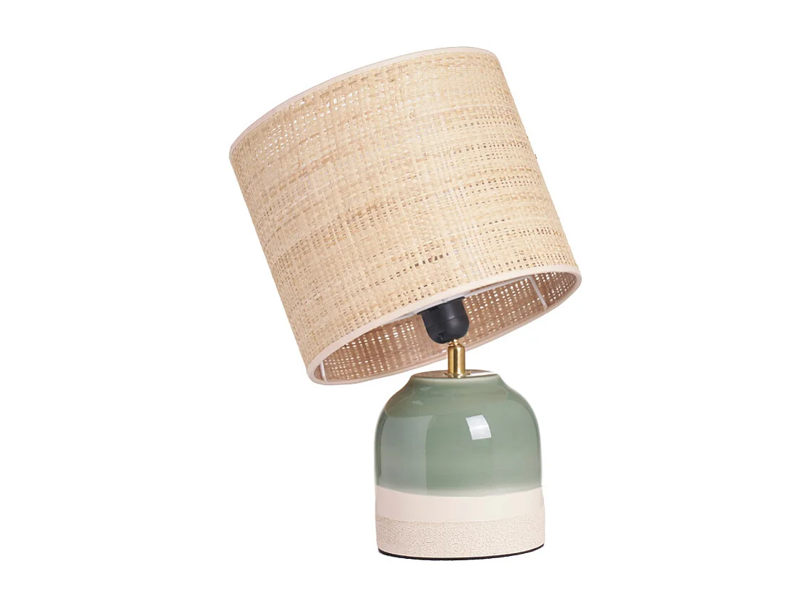 Lampada da tavolo verde in ceramica con paralume in rattan H35 cm PIEGA
