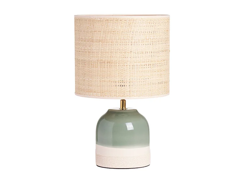 Lampe à poser verte en céramique et abat-jour en rabane H35 cm PIEGA