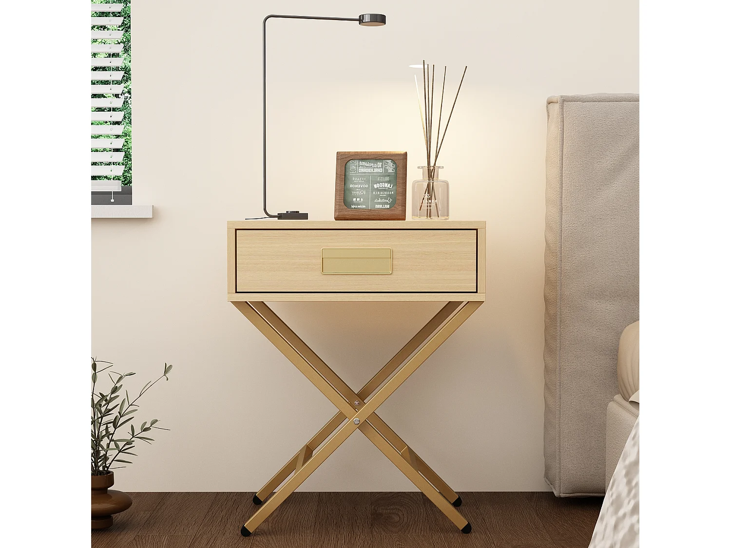 Table de Chevet avec Tiroir, Bout de Canapé  avec Pieds Dorés, Chambre Salon,  48x30x60cm,  Chêne