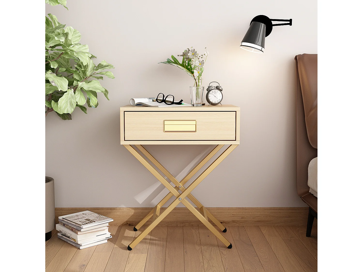 Table de Chevet avec Tiroir, Bout de Canapé  avec Pieds Dorés, Chambre Salon,  48x30x60cm,  Chêne