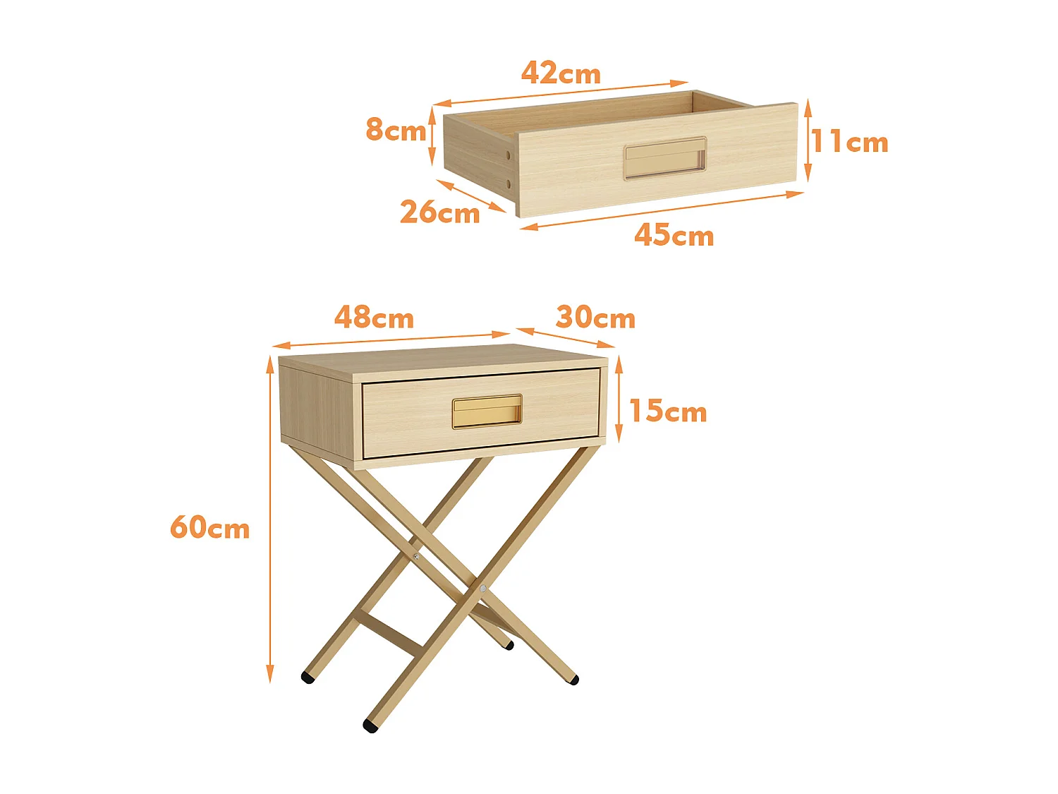 Table de Chevet avec Tiroir, Bout de Canapé  avec Pieds Dorés, Chambre Salon,  48x30x60cm,  Chêne