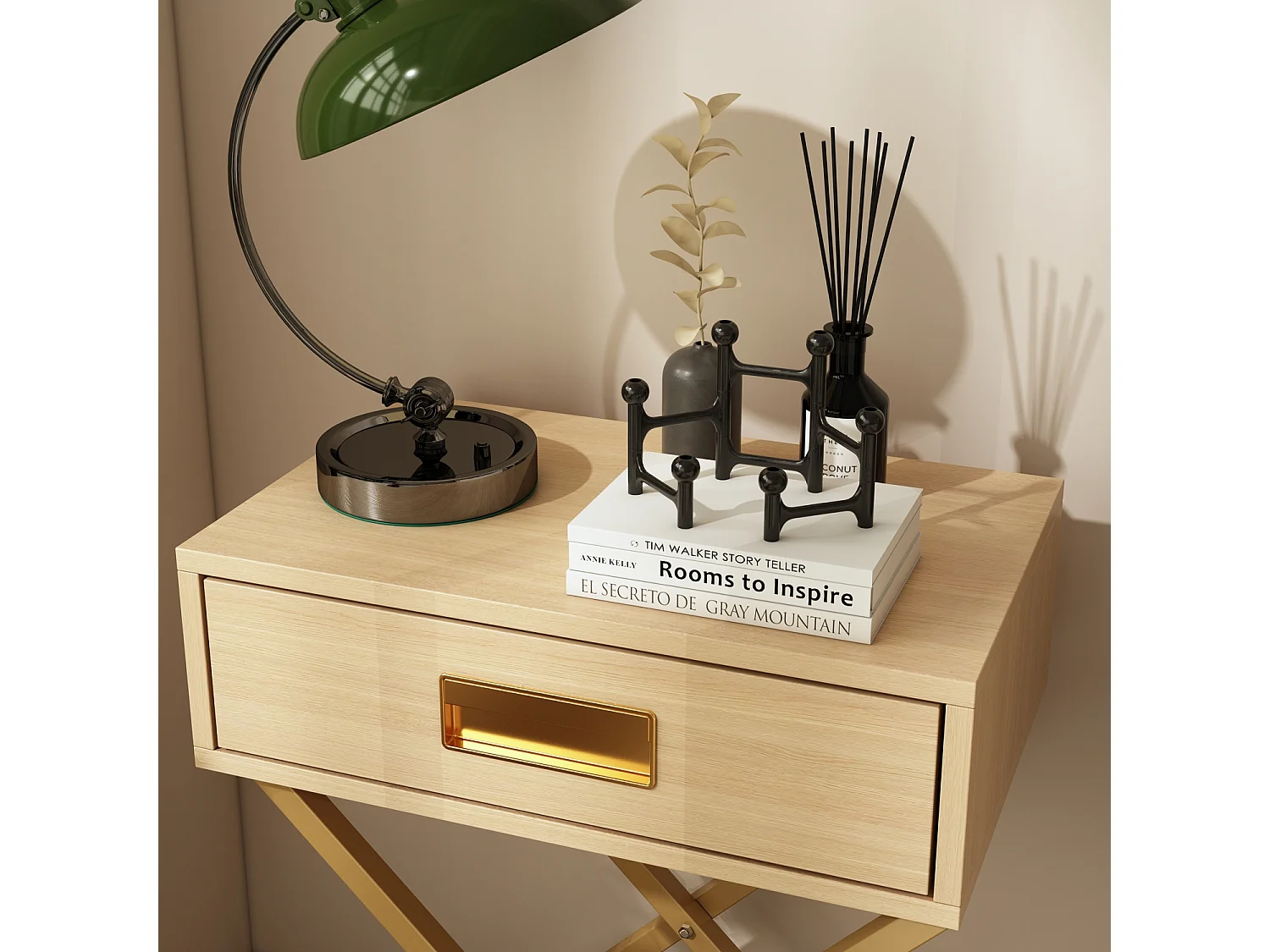 Table de Chevet avec Tiroir, Bout de Canapé  avec Pieds Dorés, Chambre Salon,  48x30x60cm,  Chêne