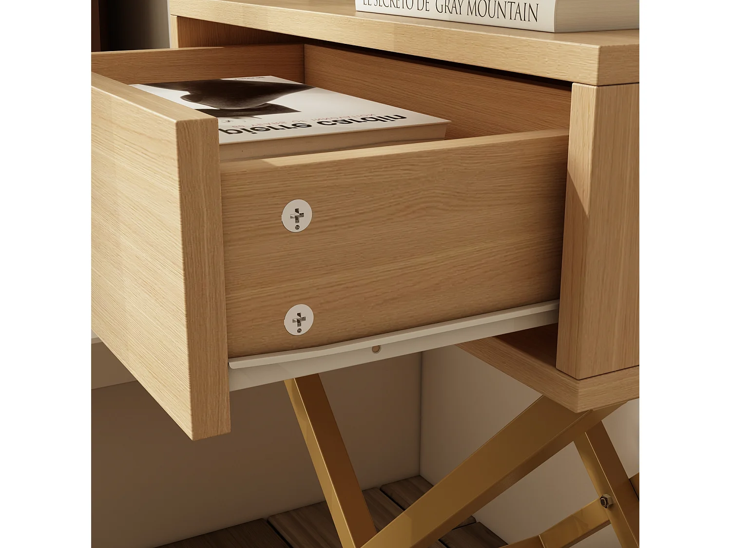 Table de Chevet avec Tiroir, Bout de Canapé  avec Pieds Dorés, Chambre Salon,  48x30x60cm,  Chêne