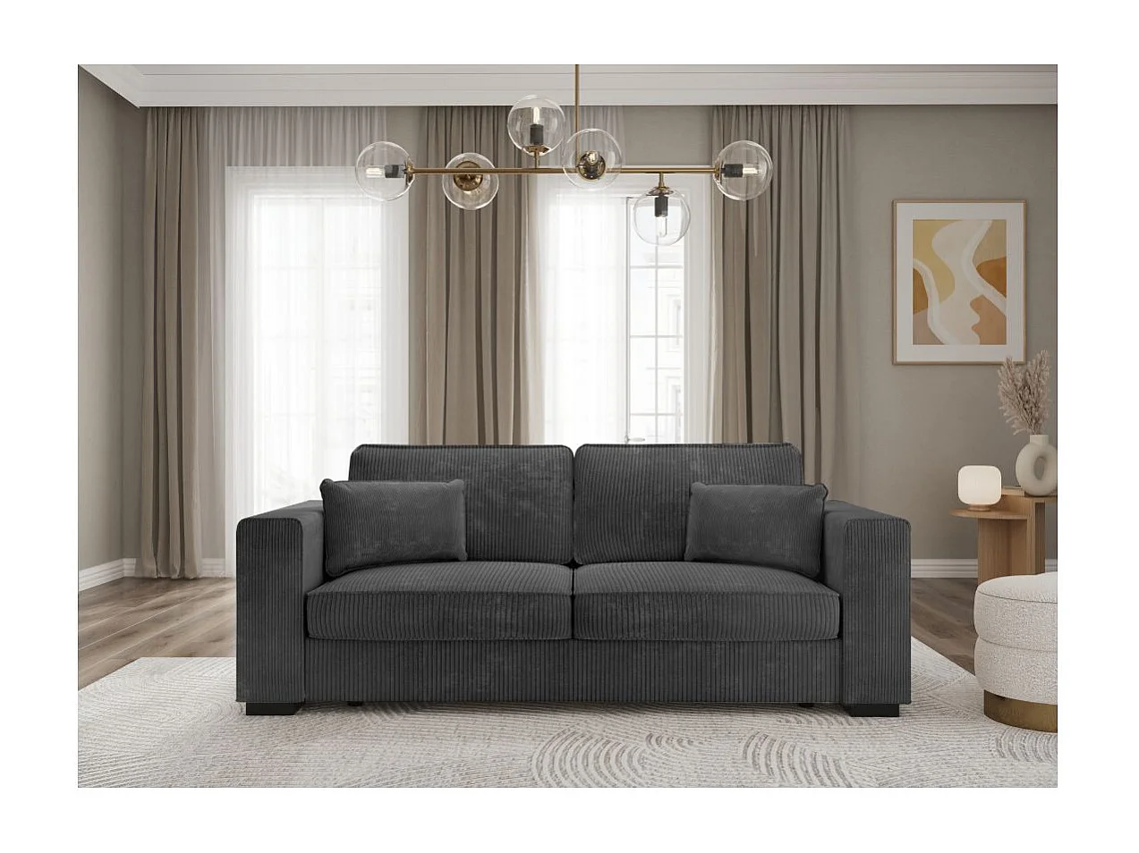 Canapé droit fixe 3 places Belami en velours côtelé - Gris anthracite - L231 x P93 x H86cm - Loungitude