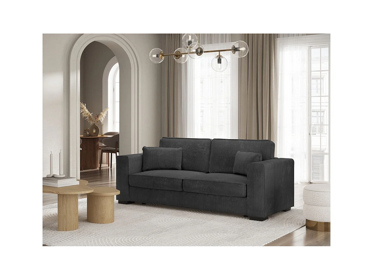 Canapé droit fixe 3 places Belami en velours côtelé - Gris anthracite - L231 x P93 x H86cm - Loungitude