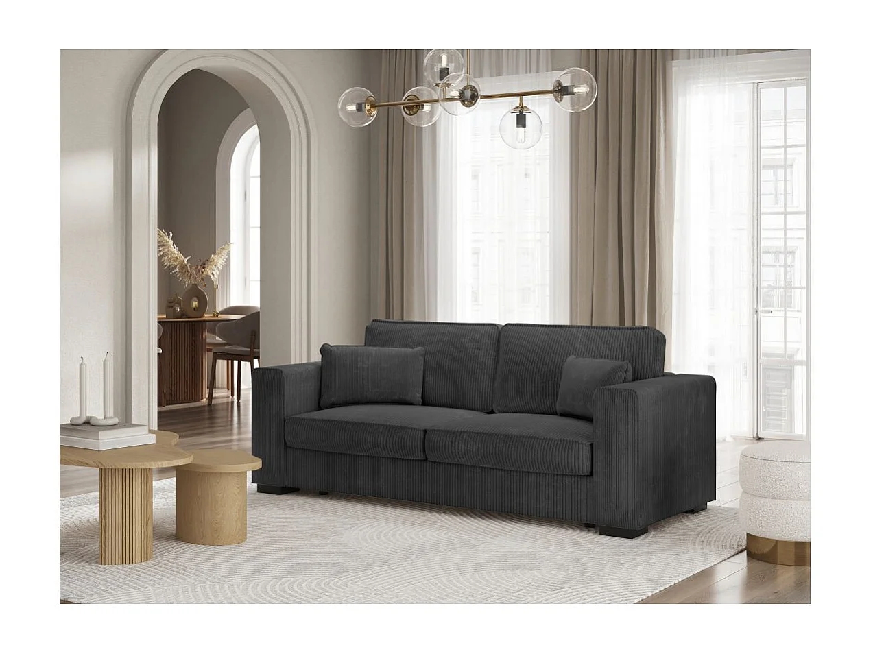 Canapé droit fixe 3 places Belami en velours côtelé - Gris anthracite - L231 x P93 x H86cm - Loungitude
