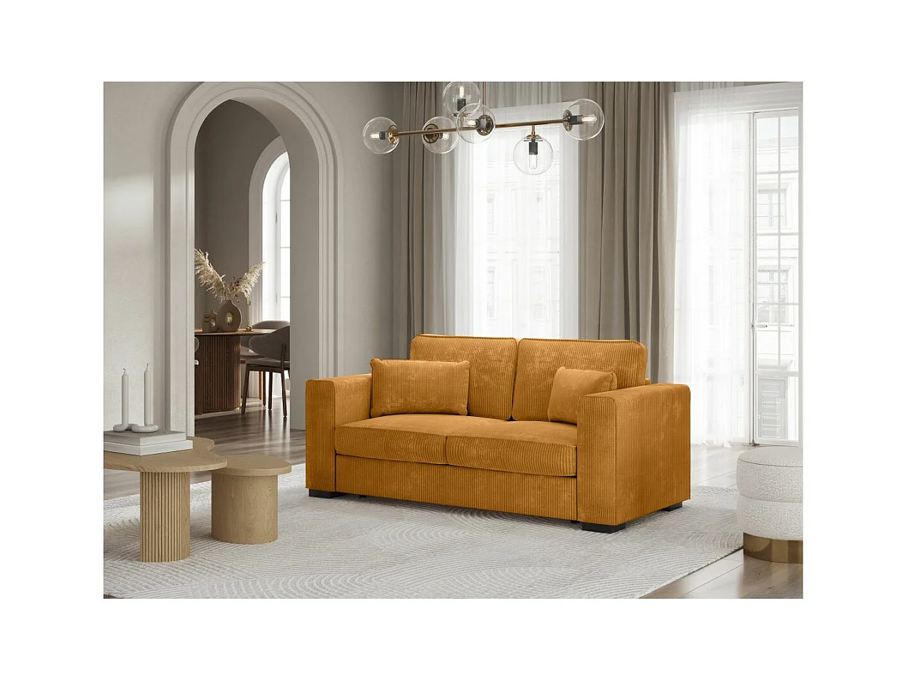 Canapé droit fixe 2 places Belami en velours côtelé - Jaune - L181 x P93 x H86cm - Loungitude