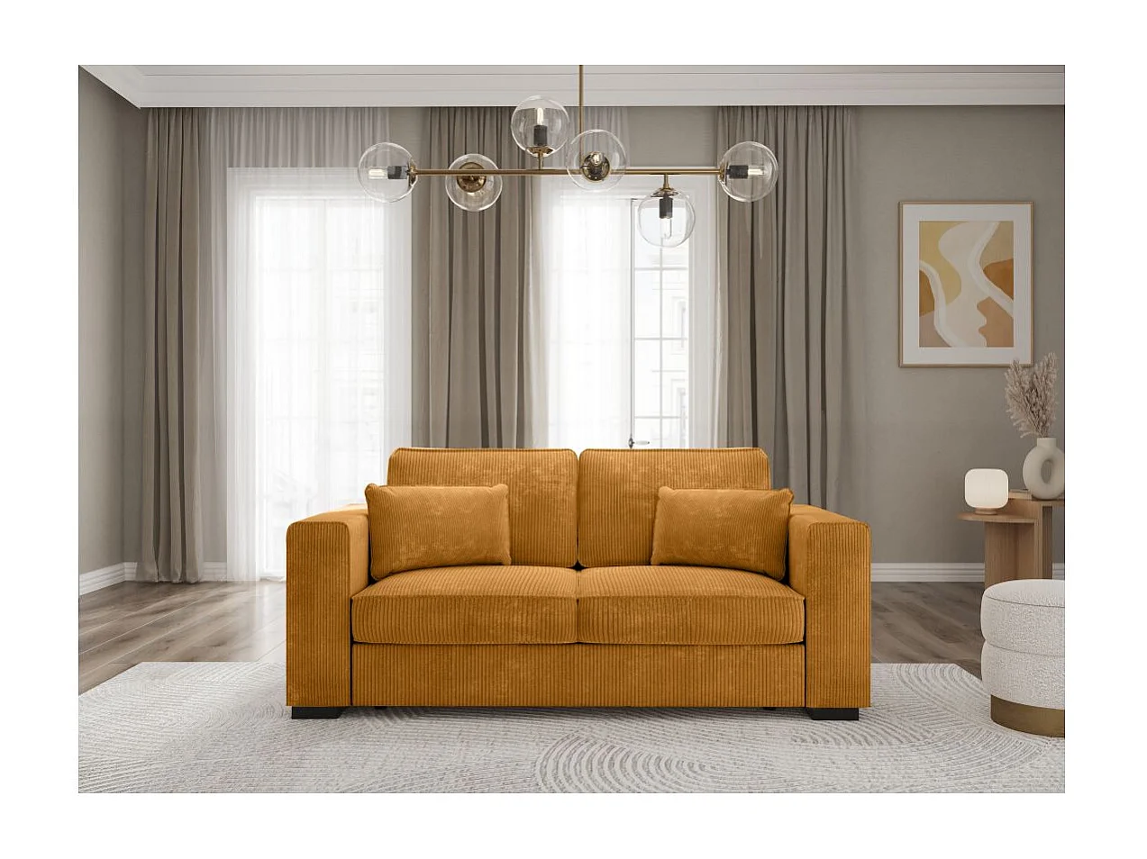 Canapé droit fixe 2 places Belami en velours côtelé - Jaune - L181 x P93 x H86cm - Loungitude