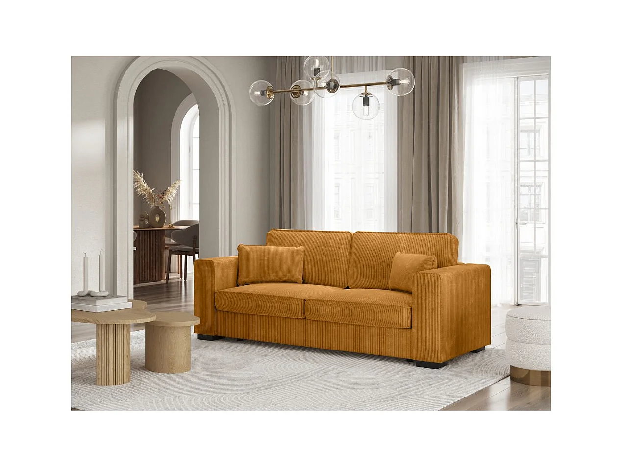 Canapé droit fixe 3 places Belami en velours côtelé - Jaune - L231 x P93 x H86cm - Loungitude