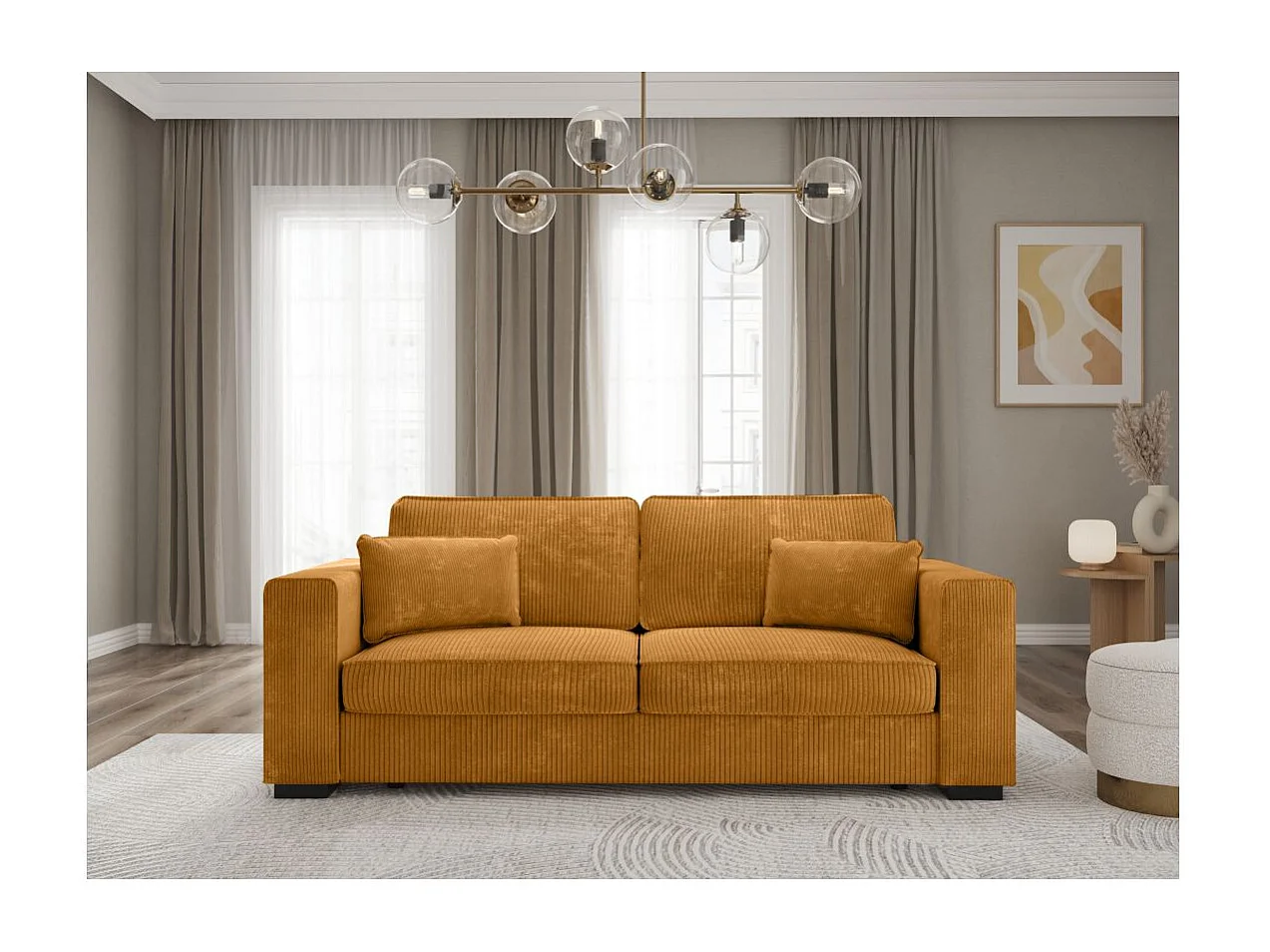 Canapé droit fixe 3 places Belami en velours côtelé - Jaune - L231 x P93 x H86cm - Loungitude