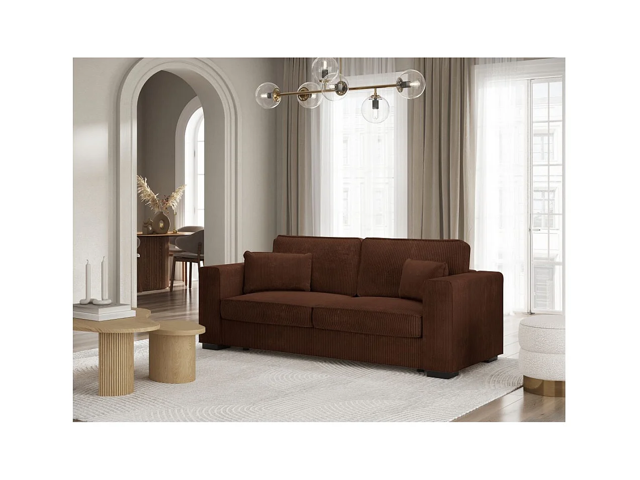 Canapé droit fixe 3 places Belami en velours côtelé - Marron - L231 x P93 x H86cm - Loungitude