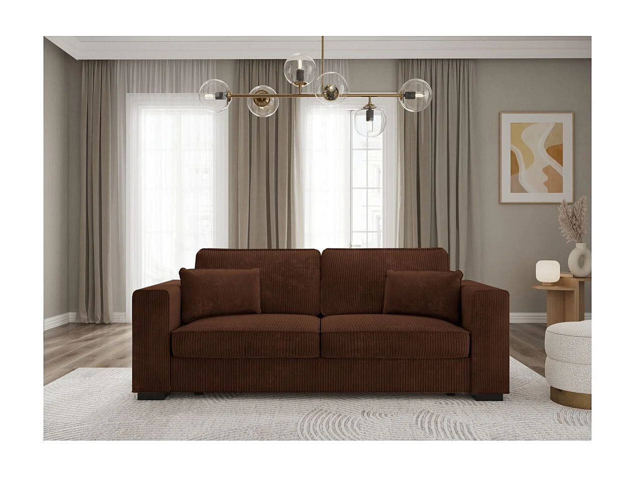 Canapé droit fixe 3 places Belami en velours côtelé - Marron - L231 x P93 x H86cm - Loungitude