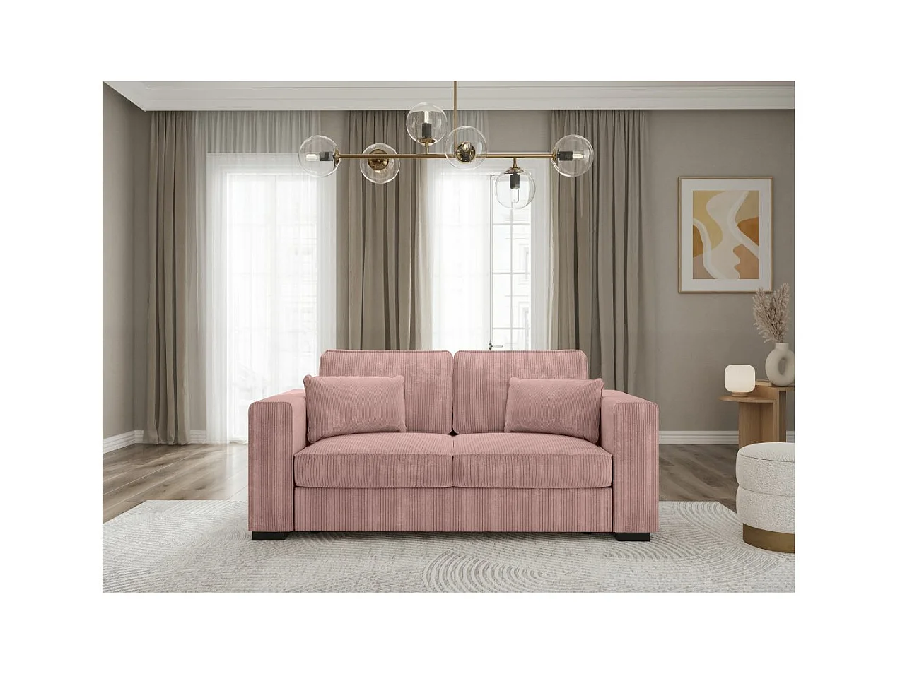 Canapé droit fixe 2 places Belami en velours côtelé - Rose - L181 x P93 x H86cm - Loungitude
