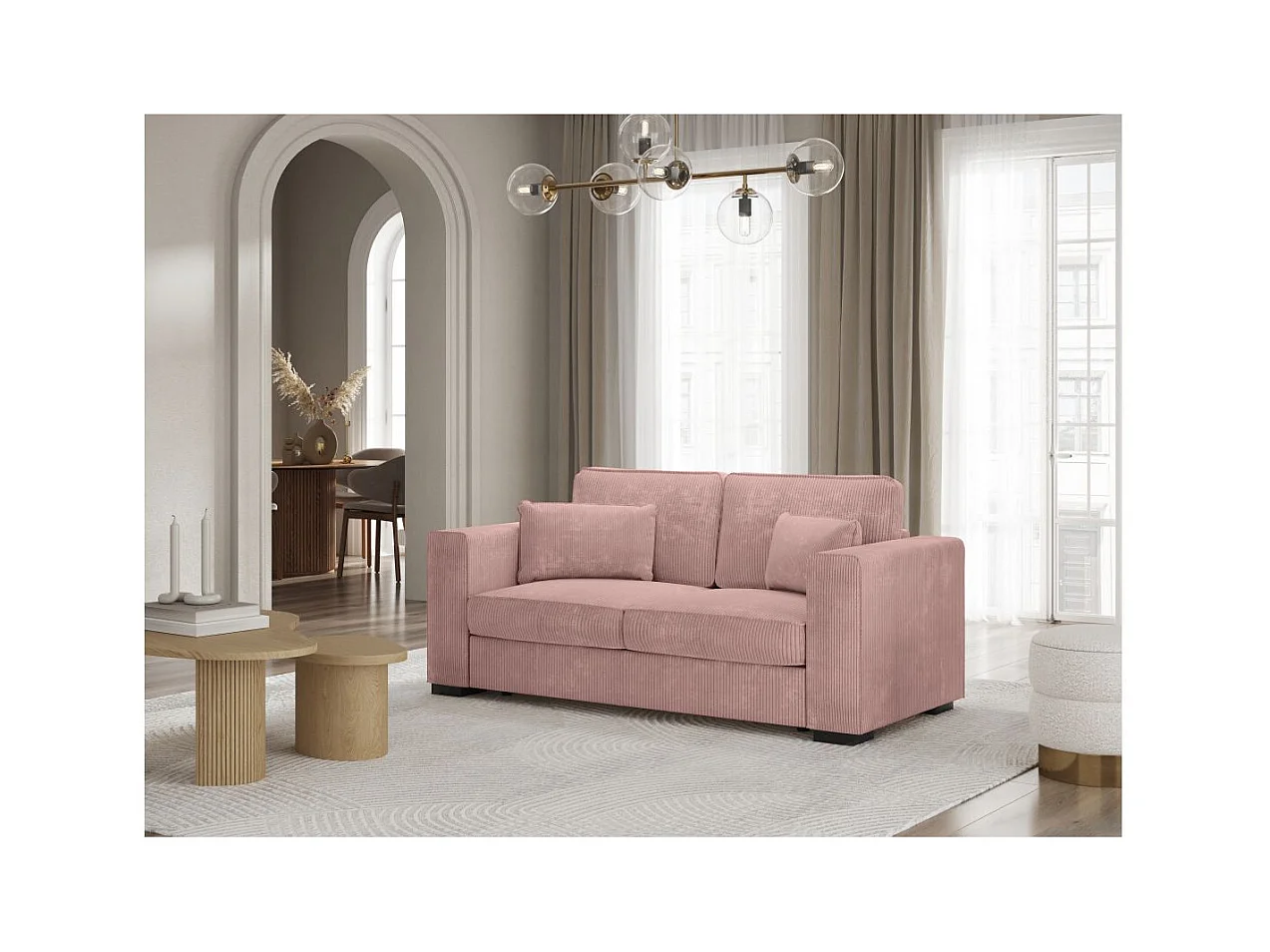 Canapé droit fixe 2 places Belami en velours côtelé - Rose - L181 x P93 x H86cm - Loungitude