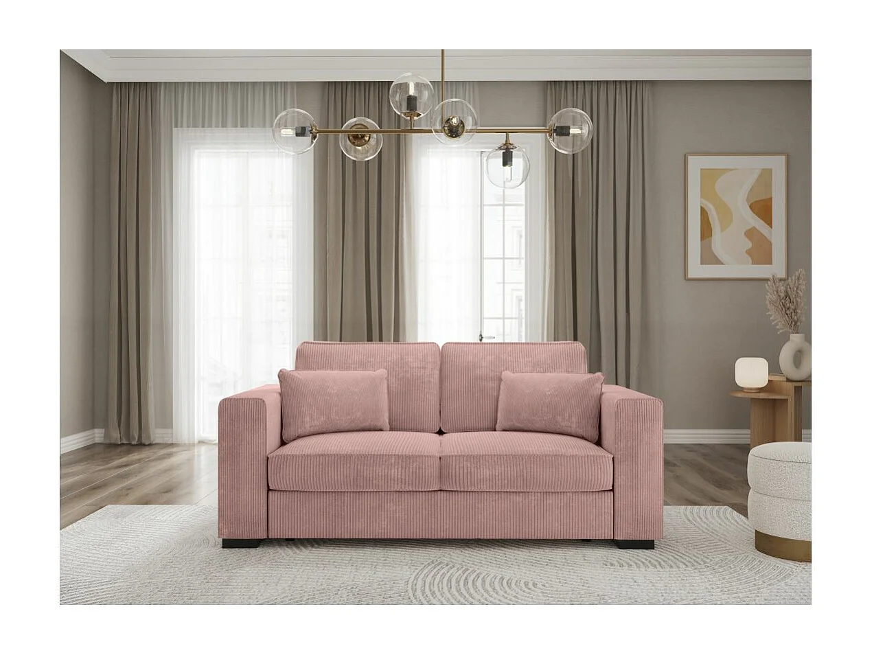 Canapé droit fixe 2 places Belami en velours côtelé - Rose - L181 x P93 x H86cm - Loungitude
