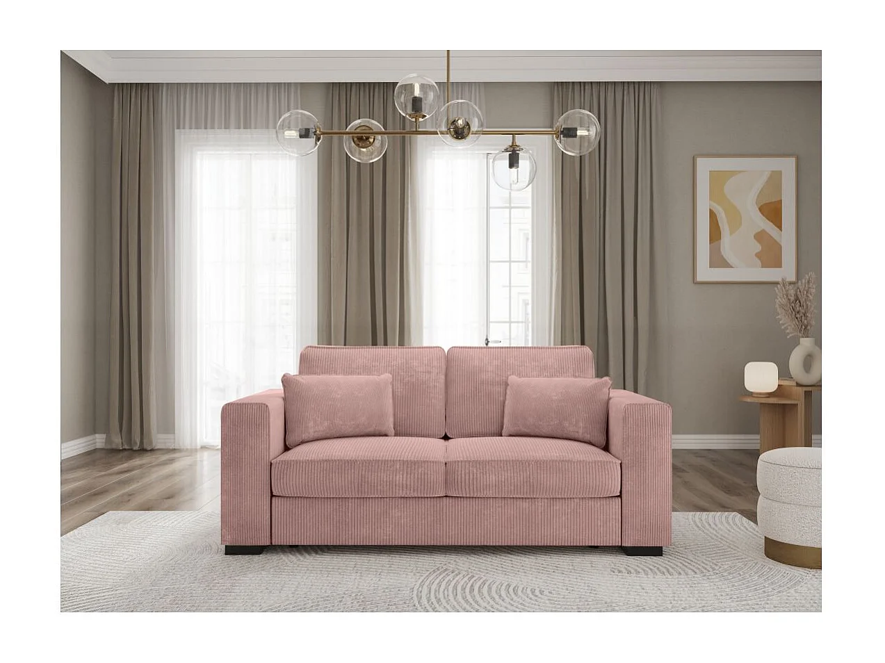 Canapé droit fixe 2 places Belami en velours côtelé - Rose - L181 x P93 x H86cm - Loungitude