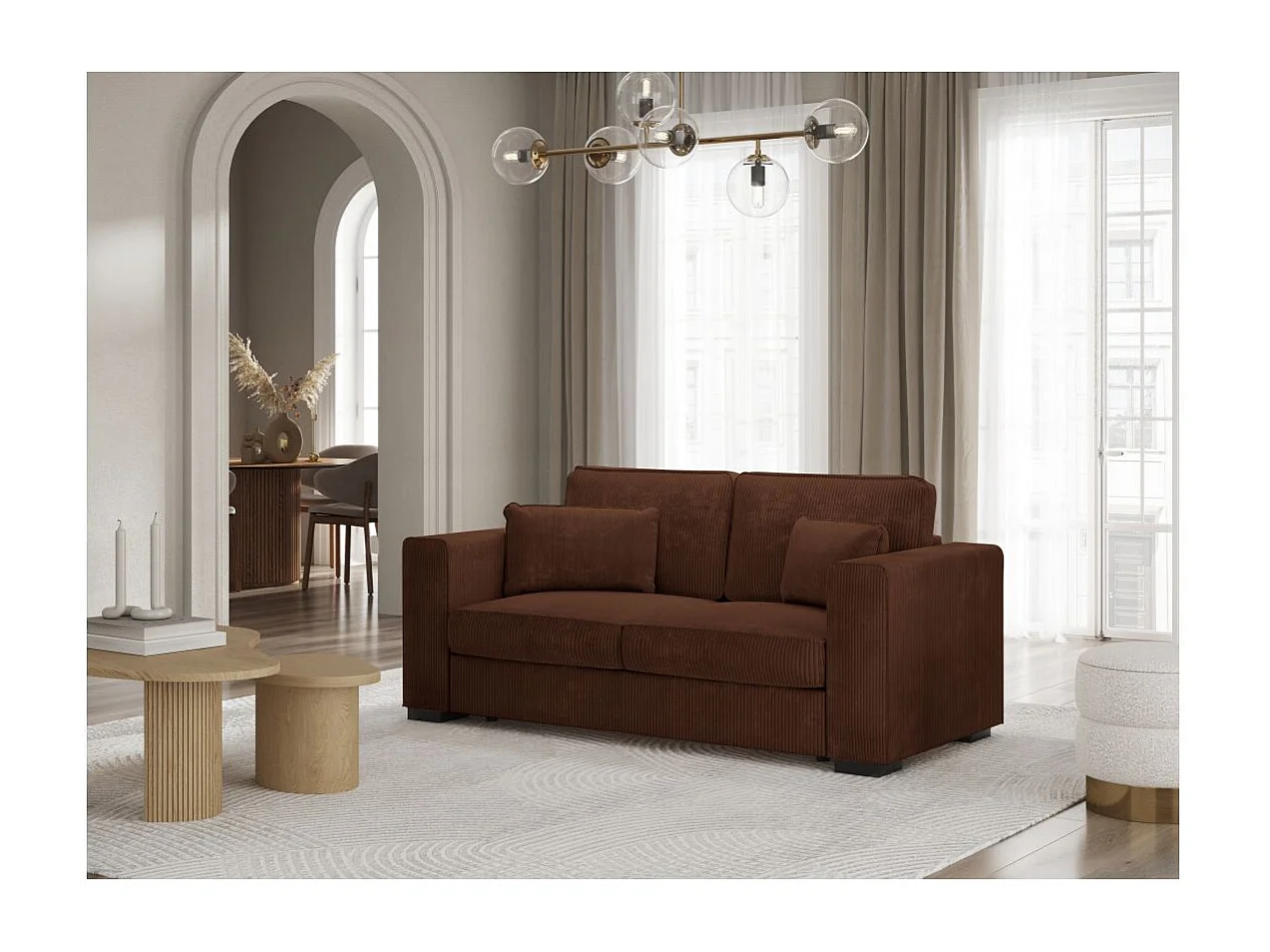 Canapé droit fixe 2 places Belami en velours côtelé - Marron - L181 x P93 x H86cm - Loungitude