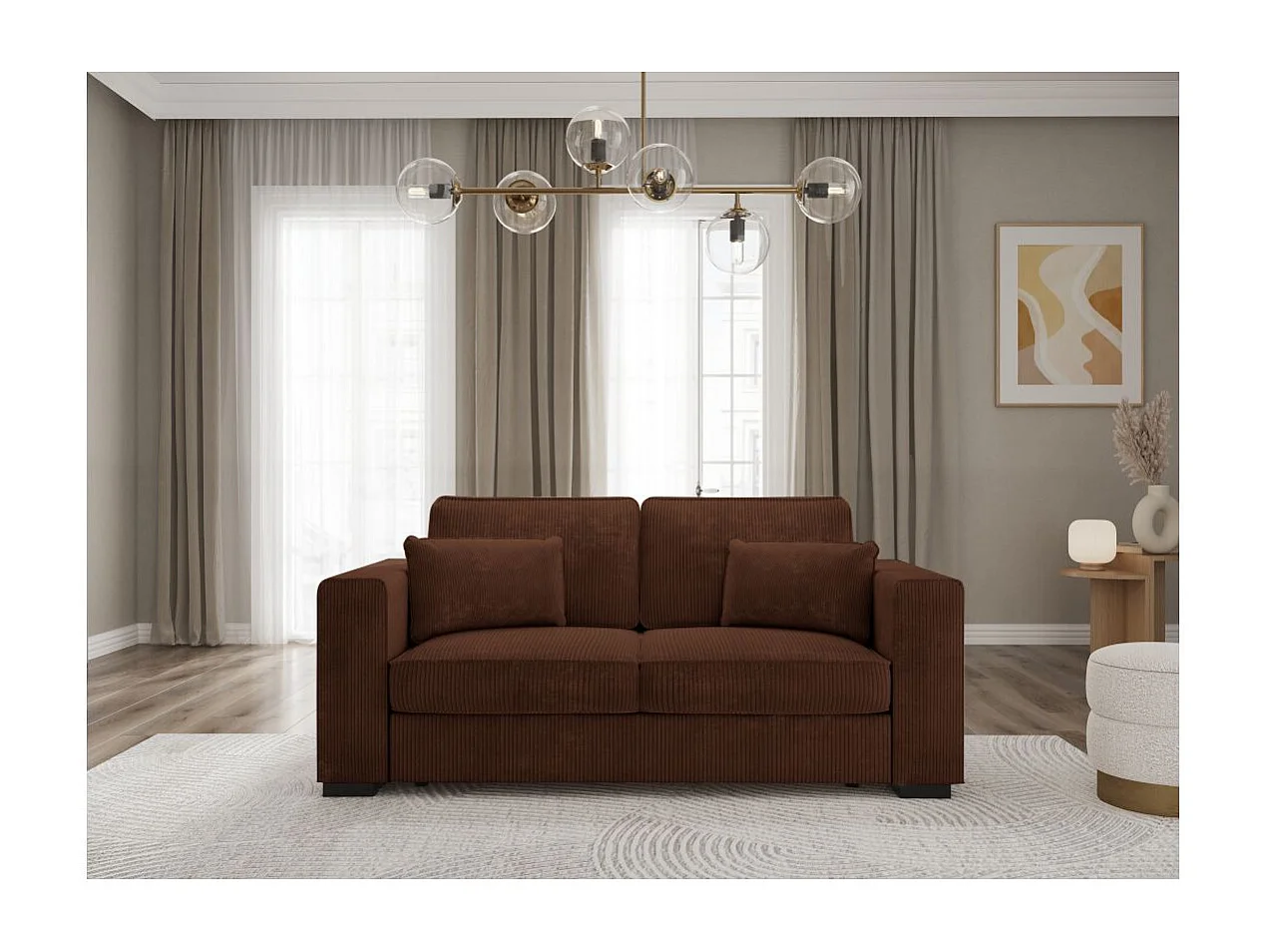 Canapé droit fixe 2 places Belami en velours côtelé - Marron - L181 x P93 x H86cm - Loungitude